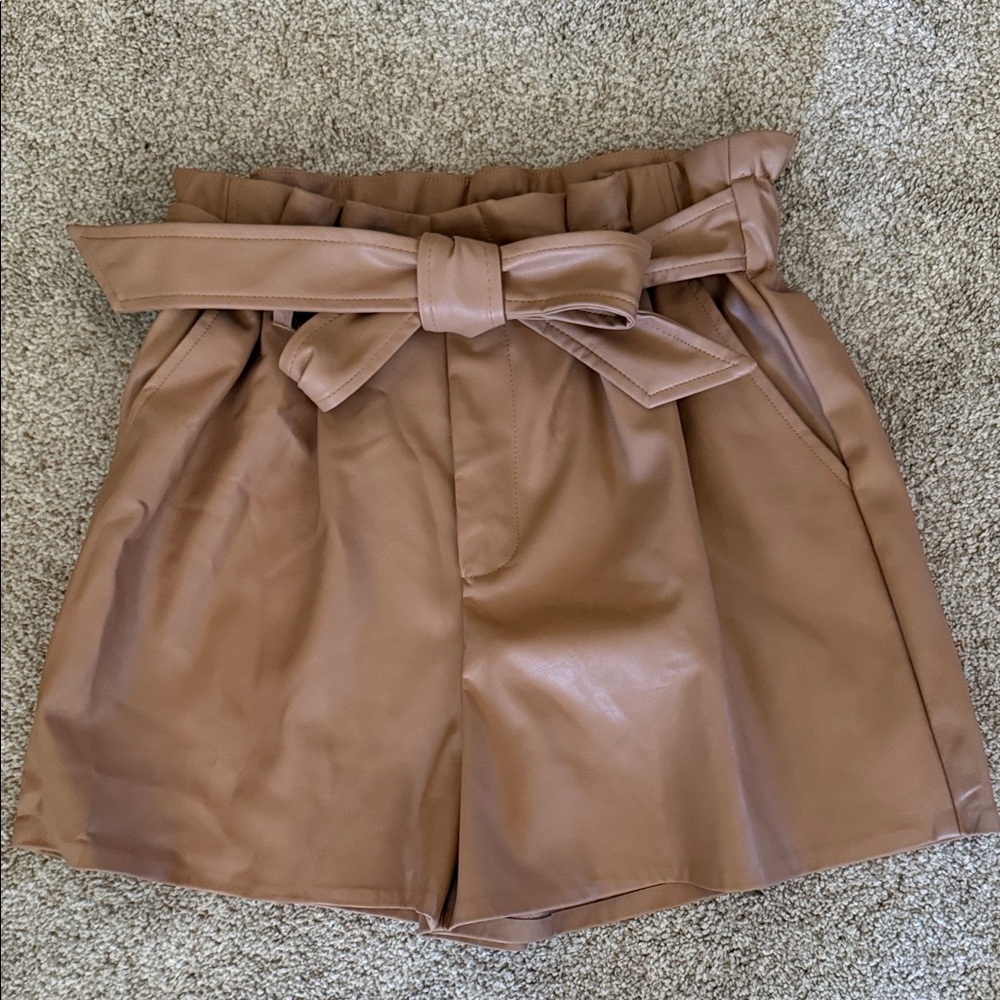 Mustard Seed High Waist Paperbag Faux Leather Shorts in Tan Brown